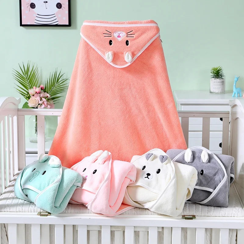 High Quality Durable Cute Cat Design Coral Fleece Large Hooded Baby Bath Towel, Quick Dry